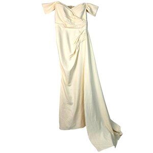 Ivory Off the Shoulder Long Train Layered Pleated Bridal Formal Gown Mid Size 14